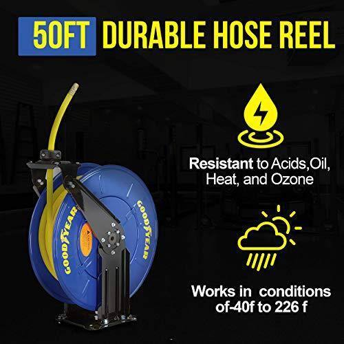 50FT DURABLE HOSE REEL

Resistant to Acids, Oil, Heat, and Ozone

Works in conditions of -40°F to 226°F