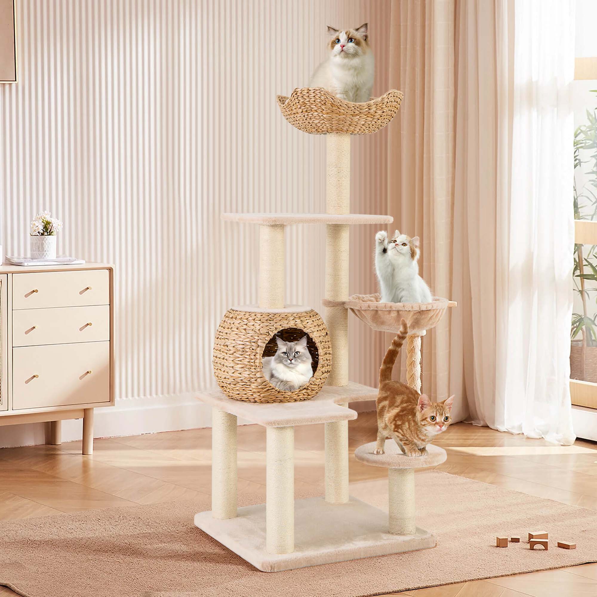Alt View 1. Costway - Costway 59" Cattail Cat Tower with Sisal Scratching Posts Perch Condo Soft Hammock Indoor - Beige,Natural.