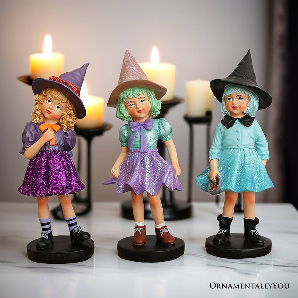 Back. OrnamentallyYou - Mystical Victorian Witch Sisters Set of Three Figurines, Enchanted 6" Statues for a Bewitching Hallo - Green Violet.