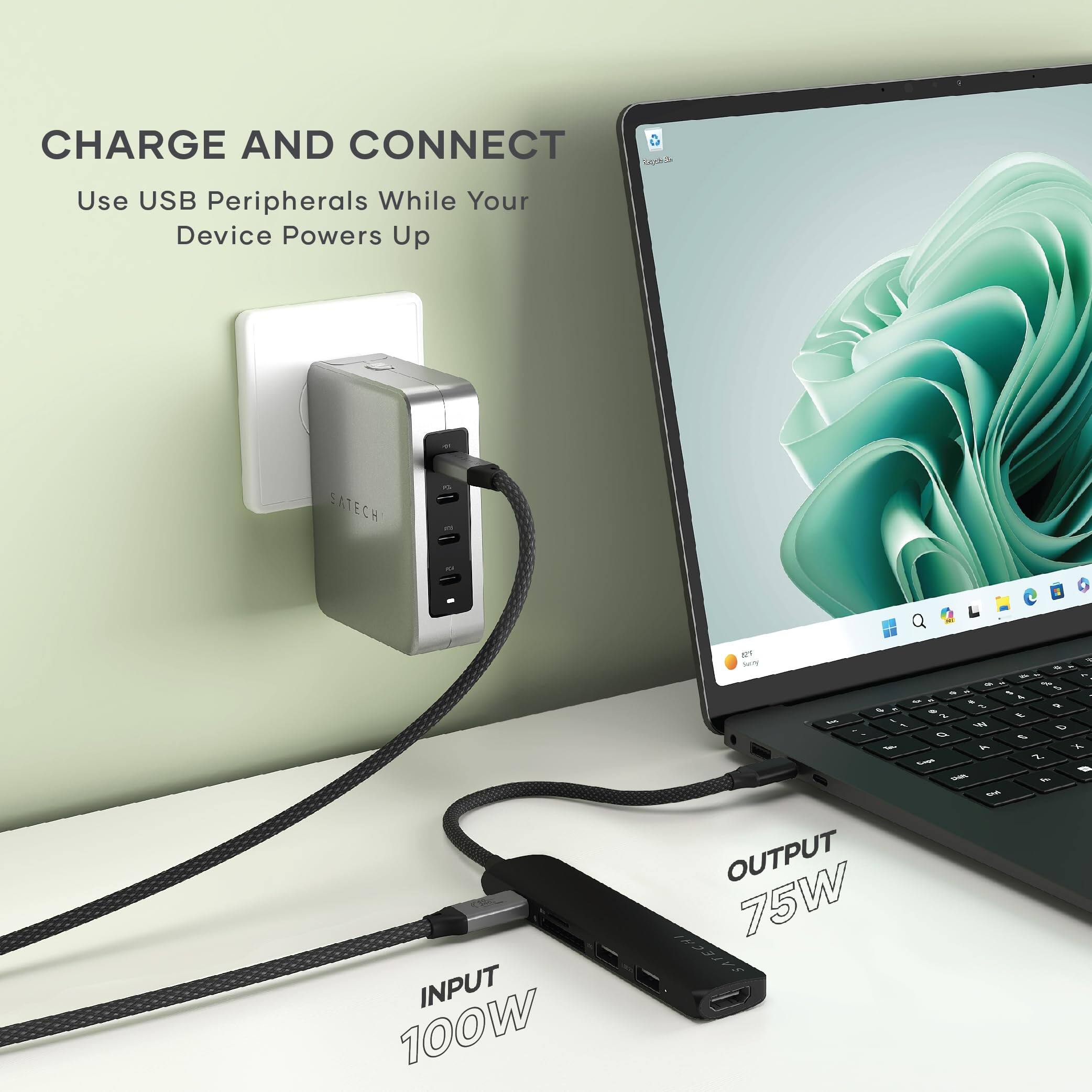 CHARGE AND CONNECT  
Use USB Peripherals While Your Device Powers Up  

SATECHI  

INPUT 100W  
OUTPUT 75W