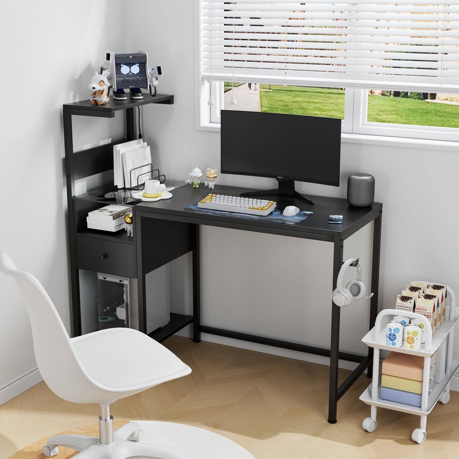 Back. Spaco - Spaco Computer Desk with USB Charging Station, Power Outlet Storage Shelf, for Home Office - Black.