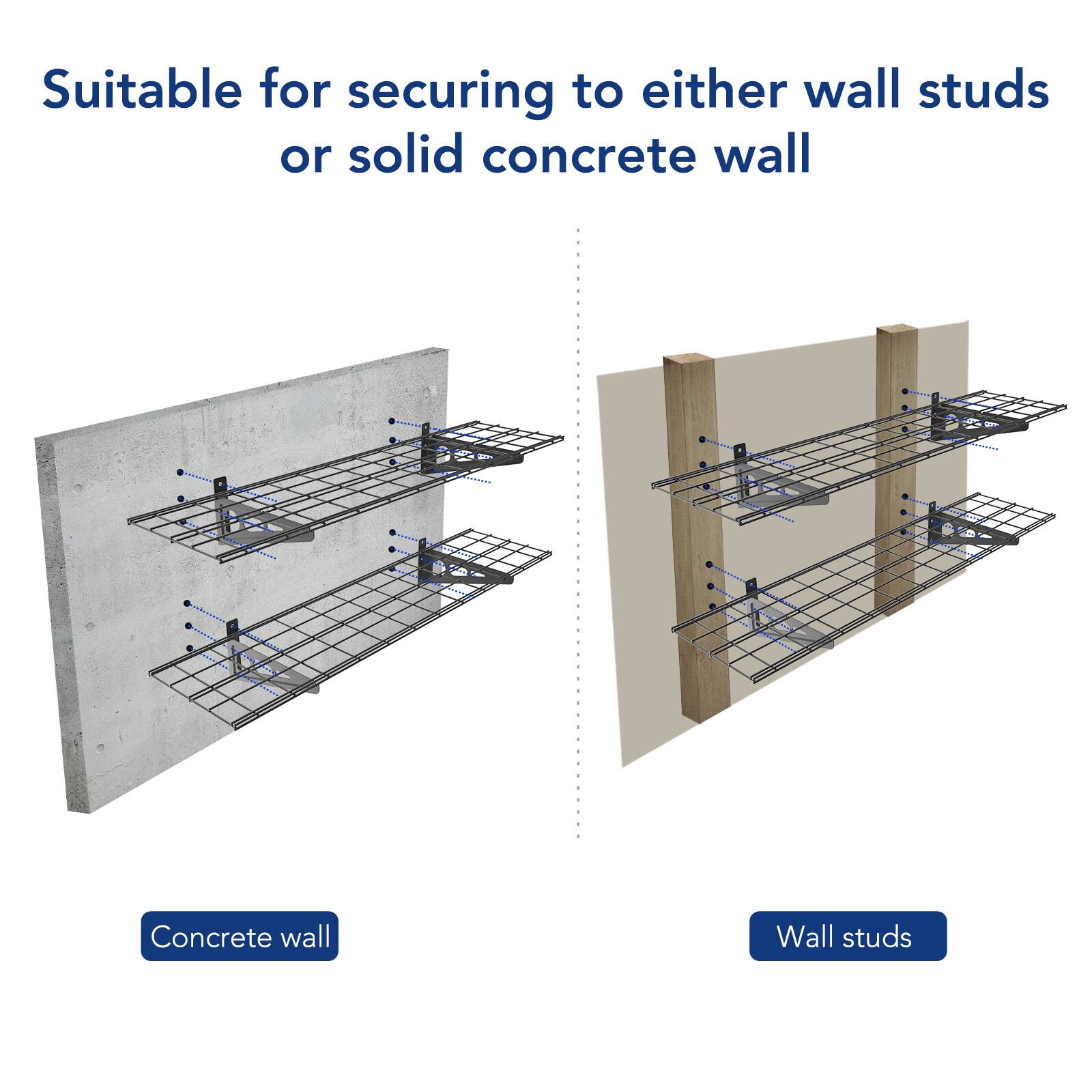 Suitable for securing to either wall studs or solid concrete wall

Concrete wall

Wall studs
