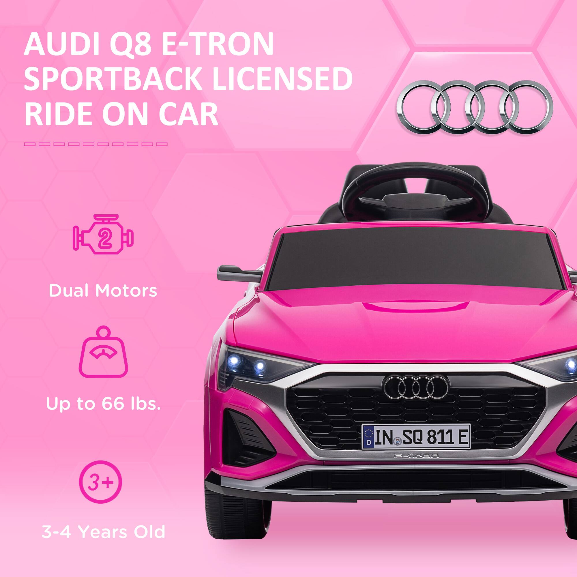 AUDI Q8 E-TRON SPORTBACK LICENSED RIDE ON CAR

- Dual Motors
- Up to 66 lbs.
- 3+ Years Old
- 3-4 Years Old