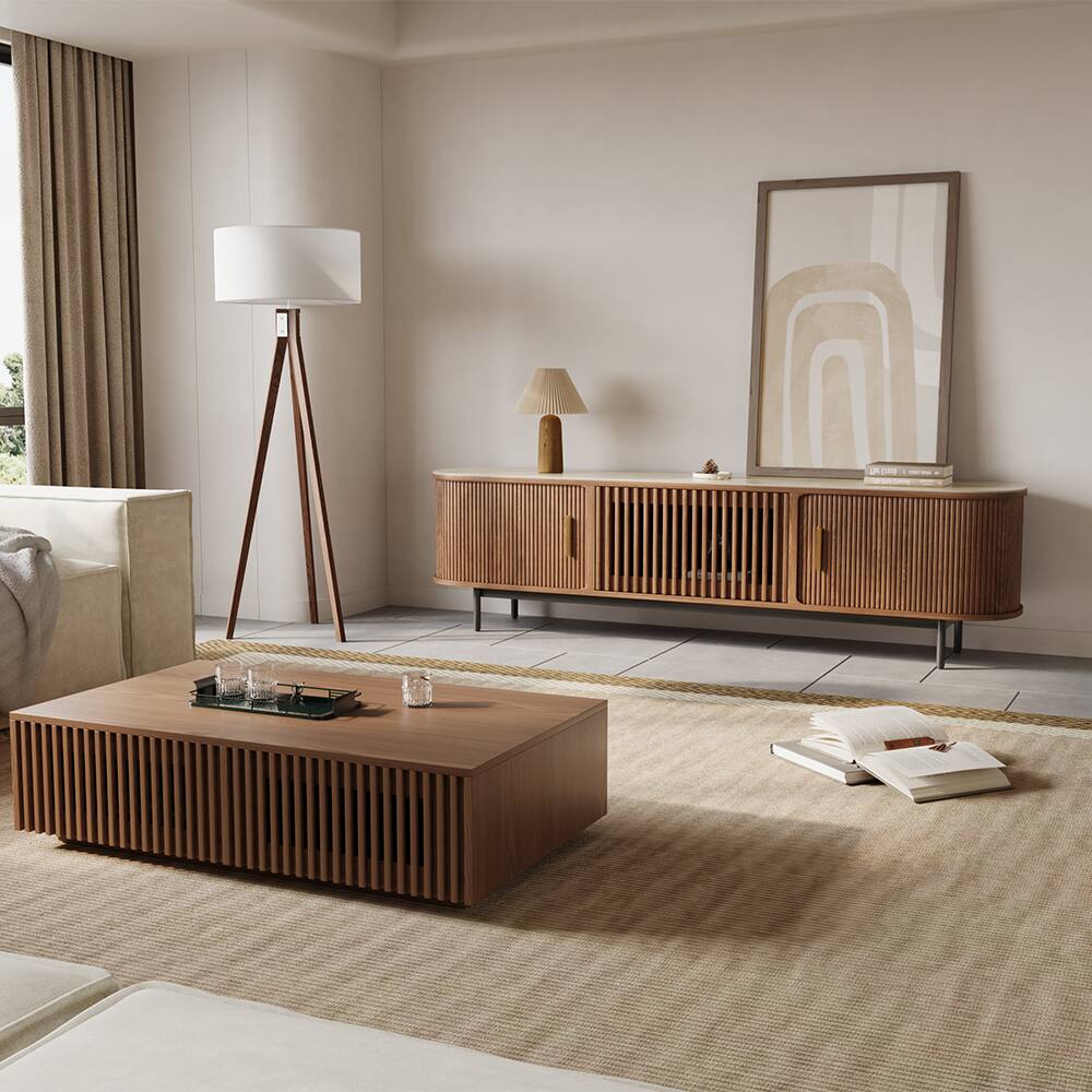 Left. POVISON - 79"Mid-Century Modern Sintered Stone Tabletop TV Stand - Walnut with Sintered Stone.