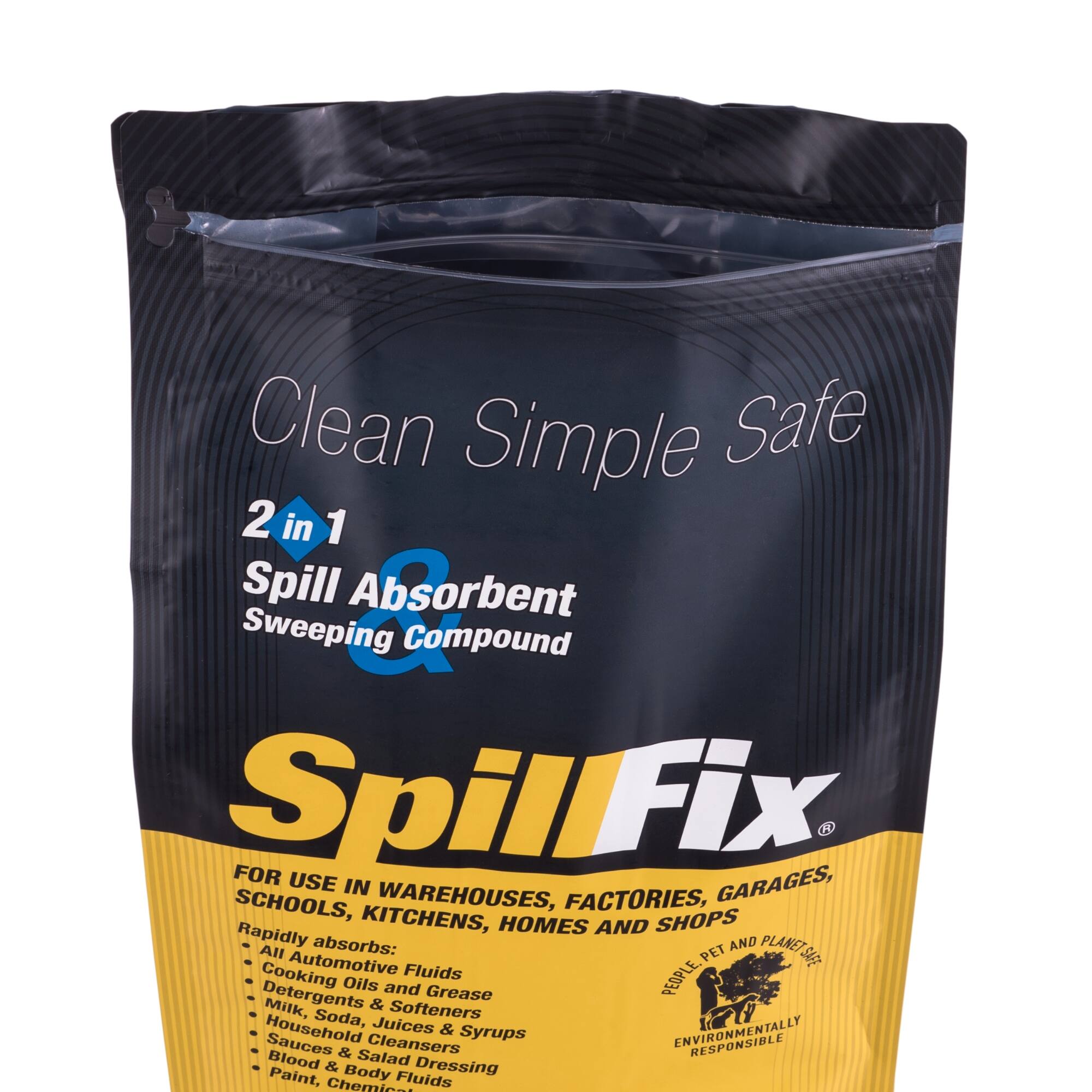 Clean Simple Safe  
2 in 1 Spill Absorbent Sweeping Compound  
SpillFix  
FOR USE IN GARAGES, SCHOOLS, WAREHOUSES, FACTORIES, KITCHENS, HOMES AND SHOPS  
Rapidly absorbs:  
- Automotive Fluids  
- Cooking Oils and Grease  
- Detergents & Softeners  
- Milk, Soda, Juices & Syrups  
- Household Cleaners  
- Sauces & Salad Dressing  
- Blood & Body Fluids  
- Paint, Chemical Fluids  
PEOPLE, PET AND PLANET SAFE  
ENVIRONMENTALLY RESPONSIBLE
