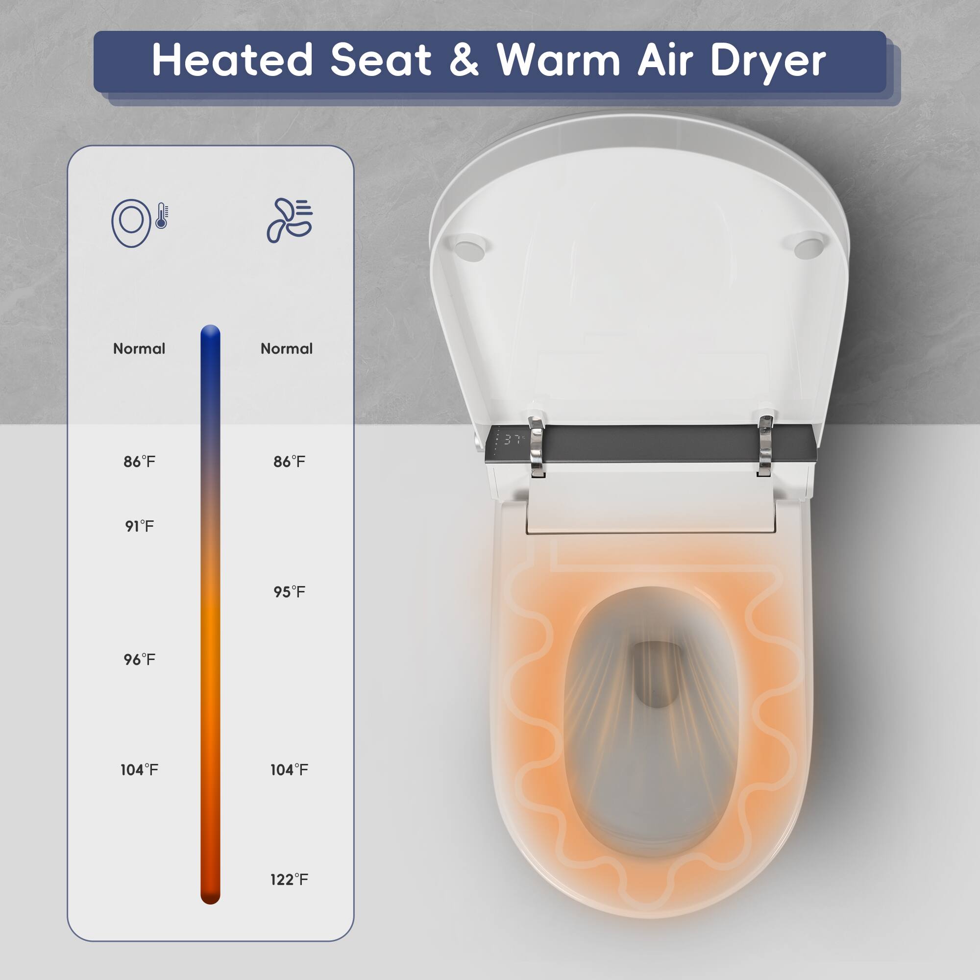 Heated Seat & Warm Air Dryer

Normal 86°F  
Normal 86°F  
91°F  
95°F  
96°F  
104°F  
104°F  
122°F