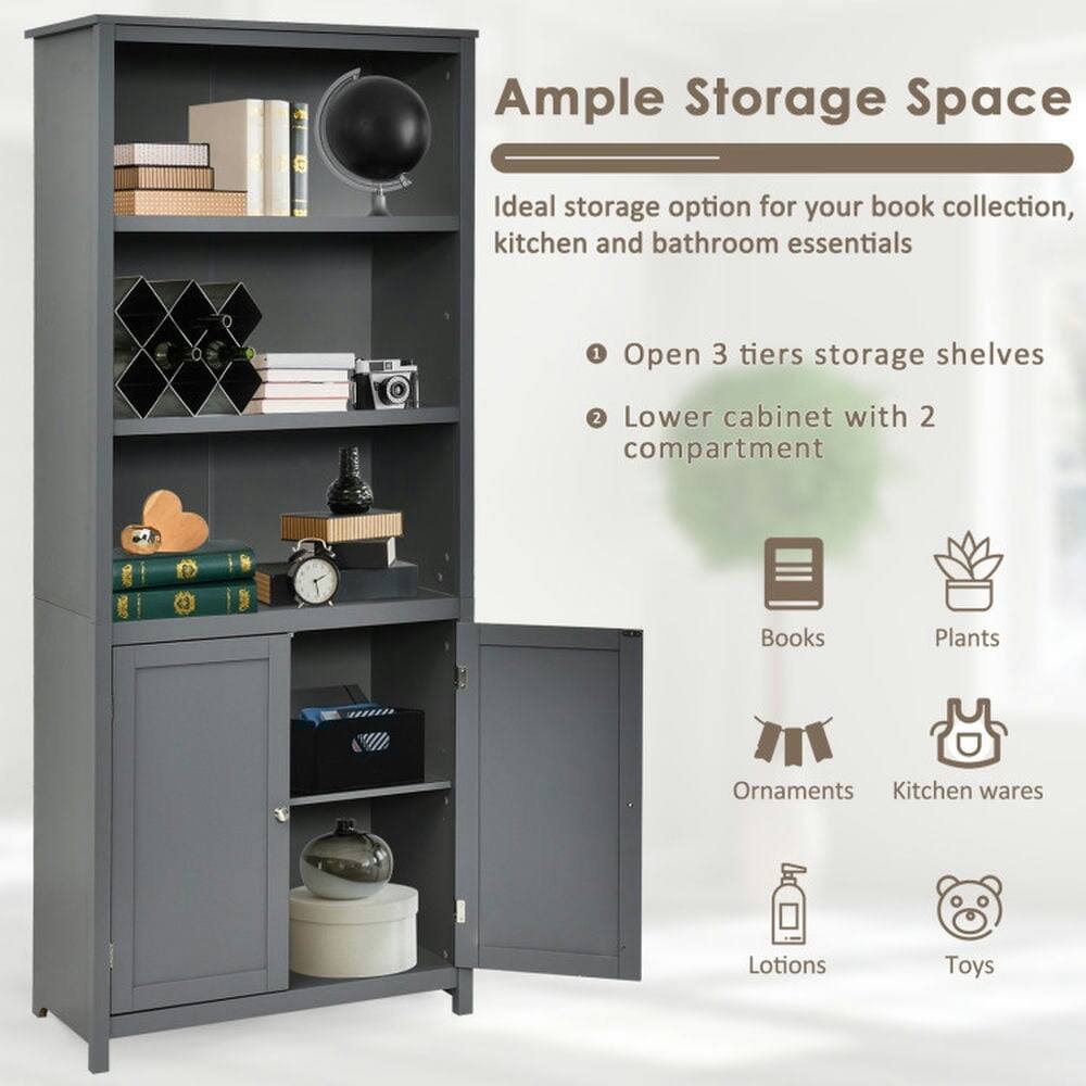 Ample Storage Space  
Ideal storage option for your book collection, kitchen and bathroom essentials  

1. Open 3 tiers storage shelves  
2. Lower cabinet with 2 compartment  

Books  
Plants  
Ornaments  
Kitchen wares  
Lotions  
Toys