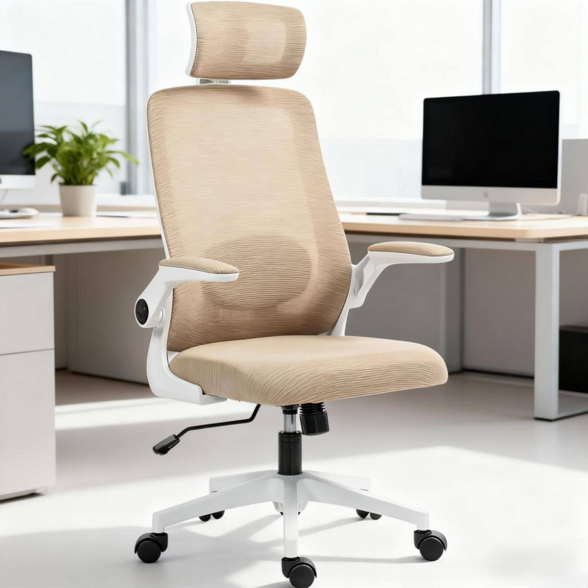 Alt View 4. GOODSILO - Ergonomic Mesh Office Chair with Adjustable Headrest, Lumbar Support, and Flip-Up Armrests - Light Khaki.