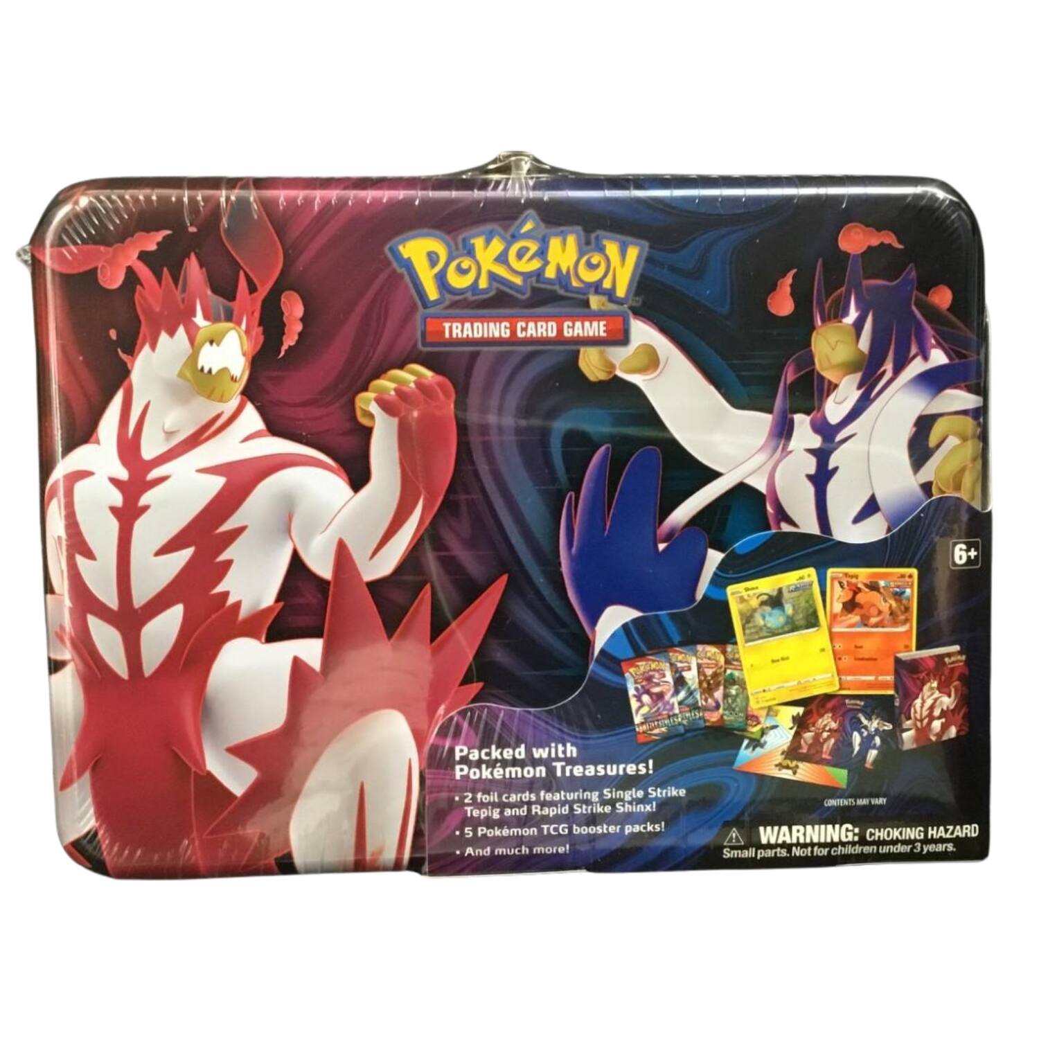 Pokémon Trading Card Game  
6+  
Packed with Pokémon Treasures! 2 foil cards featuring Single Strike Tepig and Rapid Strike Shinx! 5 Pokémon TCG booster packs! And much more!  
CONTENTS MAY VARY  
WARNING: CHOKING HAZARD Not for children under 3 years. Small parts.