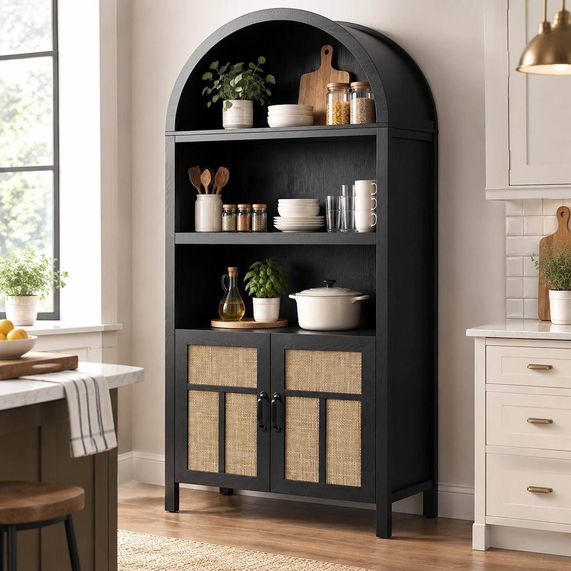 RYHNUYNE Freestanding 70 Inch Arched Storage Cabinet with Rattan Doors ...