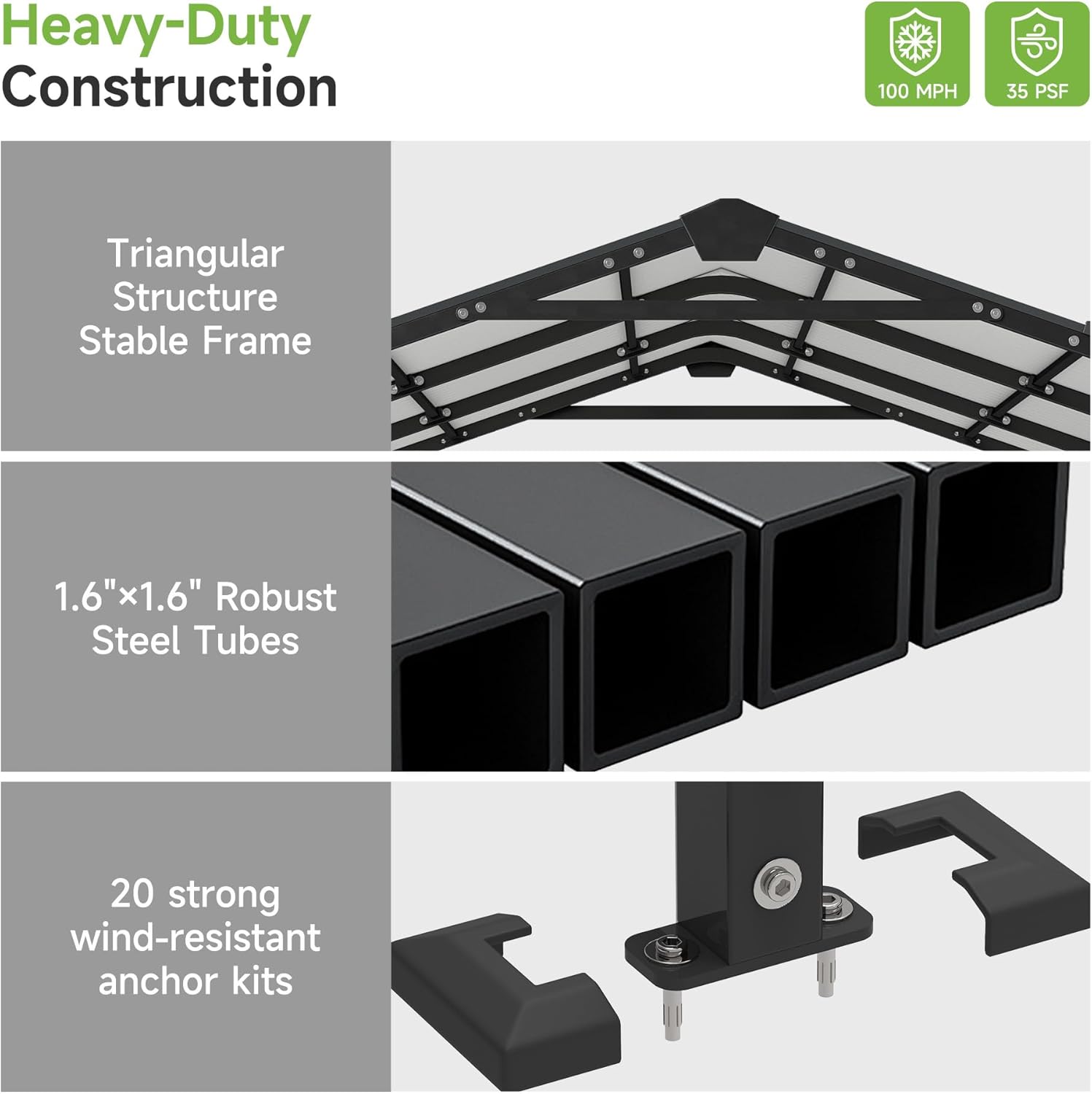 Heavy-Duty Construction

- Triangular Structure
- Stable Frame

1.6"x1.6" Robust Steel Tubes

20 strong wind-resistant anchor kits

100 MPH
35 PSF