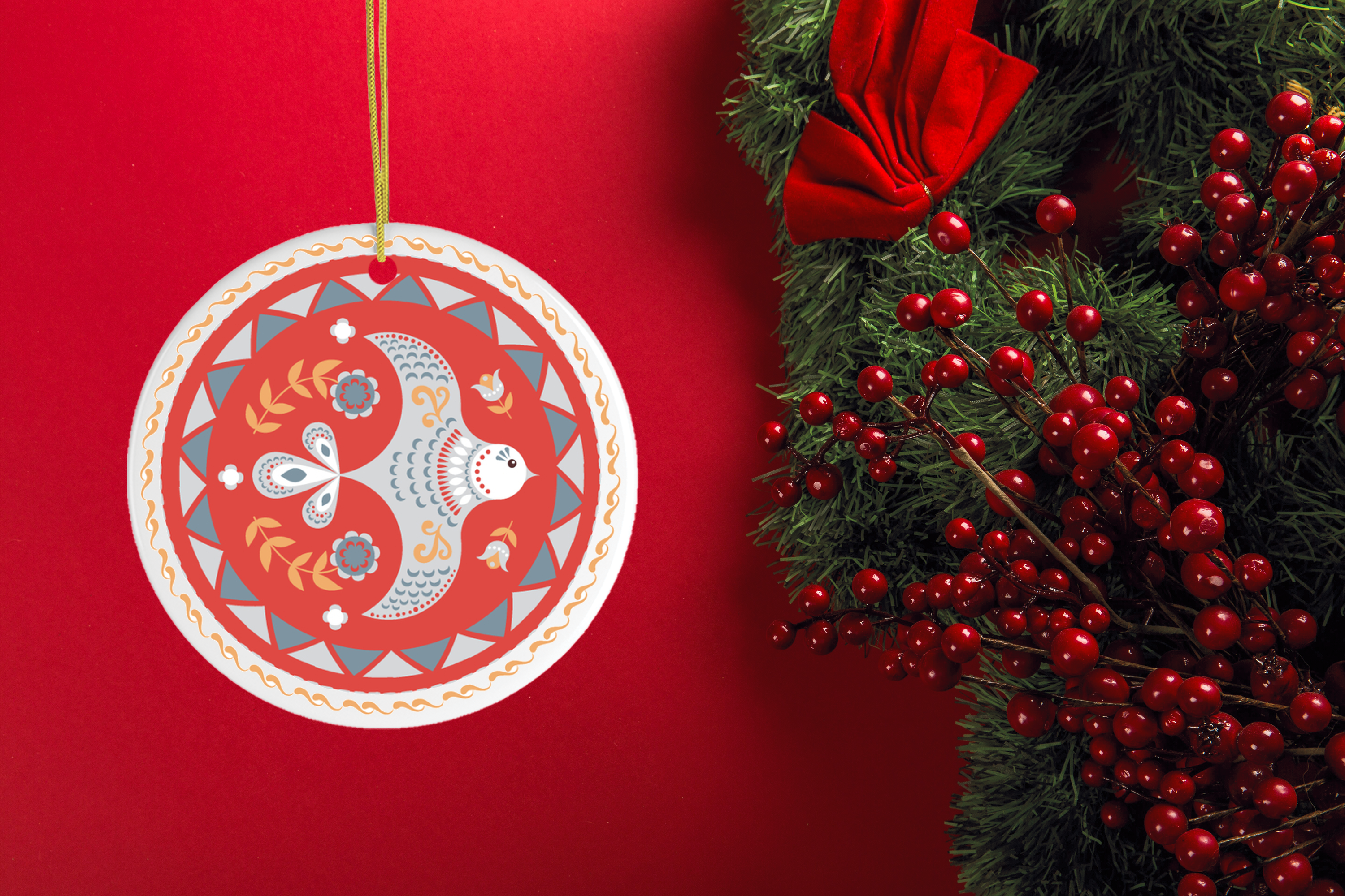 Alt View 1. OrnamentallyYou - Scandinavian Bird Christmas Ornament Ethnic Classic Folklore 2D Illustration Circle Version - Multi-colored.