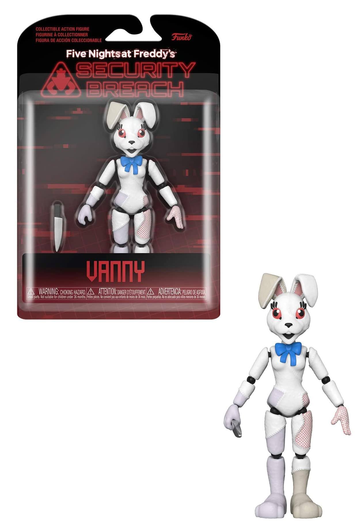 COLLECTIBLE ACTION FIGURE  
FIGURINE À COLLECTIONNER  
FIGURA DE ACCIÓN COLECCIONABLE  

Five Nights at Freddy's  
SECURITY BREACH  

VANNY  

WARNING: CHOKING HAZARD  
ATTENTION: DANGER 'ETOUFEMENT  
ADVERTENCIA: PELIGRO DE ASFIXIA  

Not suitable for children under 3 years.  
Ne convient pas aux enfants de moins de 3 ans.  
No es adecuado para niños menores de 3 años.
