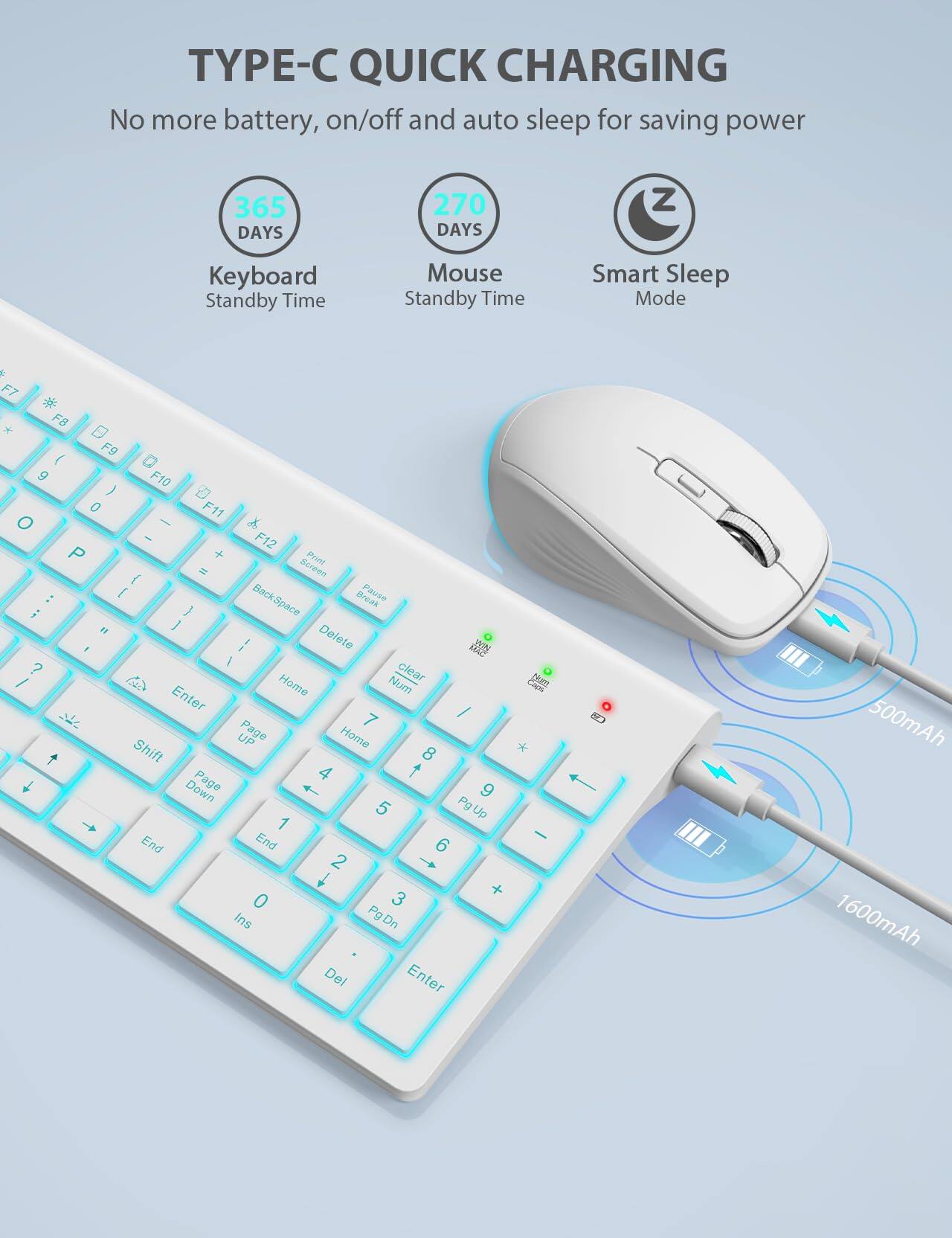 TYPE-C QUICK CHARGING  
No more battery, on/off and auto sleep for saving power  

365 DAYS  
Keyboard Standby Time  

270 DAYS  
Mouse Standby Time  

Smart Sleep Mode  

500mAh  
1600mAh