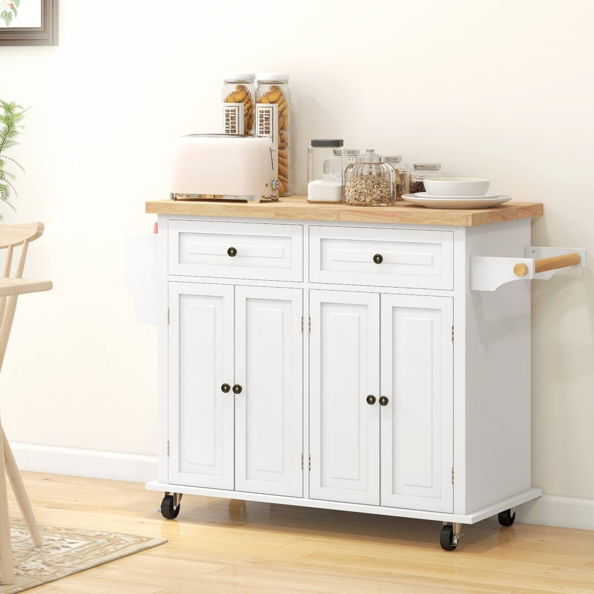 Alt View 4. Loheer - Loheer solid wood top kitchen island cream white kitchen cart 44 inch mobile kitchen island cart with storage - Cream White.