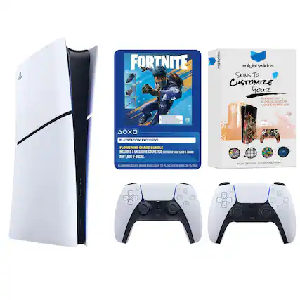 FORTNITE mightyskins SKINS To CUSTOMIZE YOUR PLAYSTATION 5 SLIM DISC EDITION. ONE CONTROLLER. PLAYSTATION EXCLUSIVE FLOWERING CHAOS BUNDLE INCLUDES 8 EXCLUSIVE COSMETICS (ESTIMATED VALUE +8,000 V-BUCKS) AND 1,000 V-BUCKS. FLOWERING CHAOS BUNDLE EXCLUSIVE TO PLAYSTATION UNTIL 26/11/2026. MANY DESIGNS TO CHOOSE FROM.