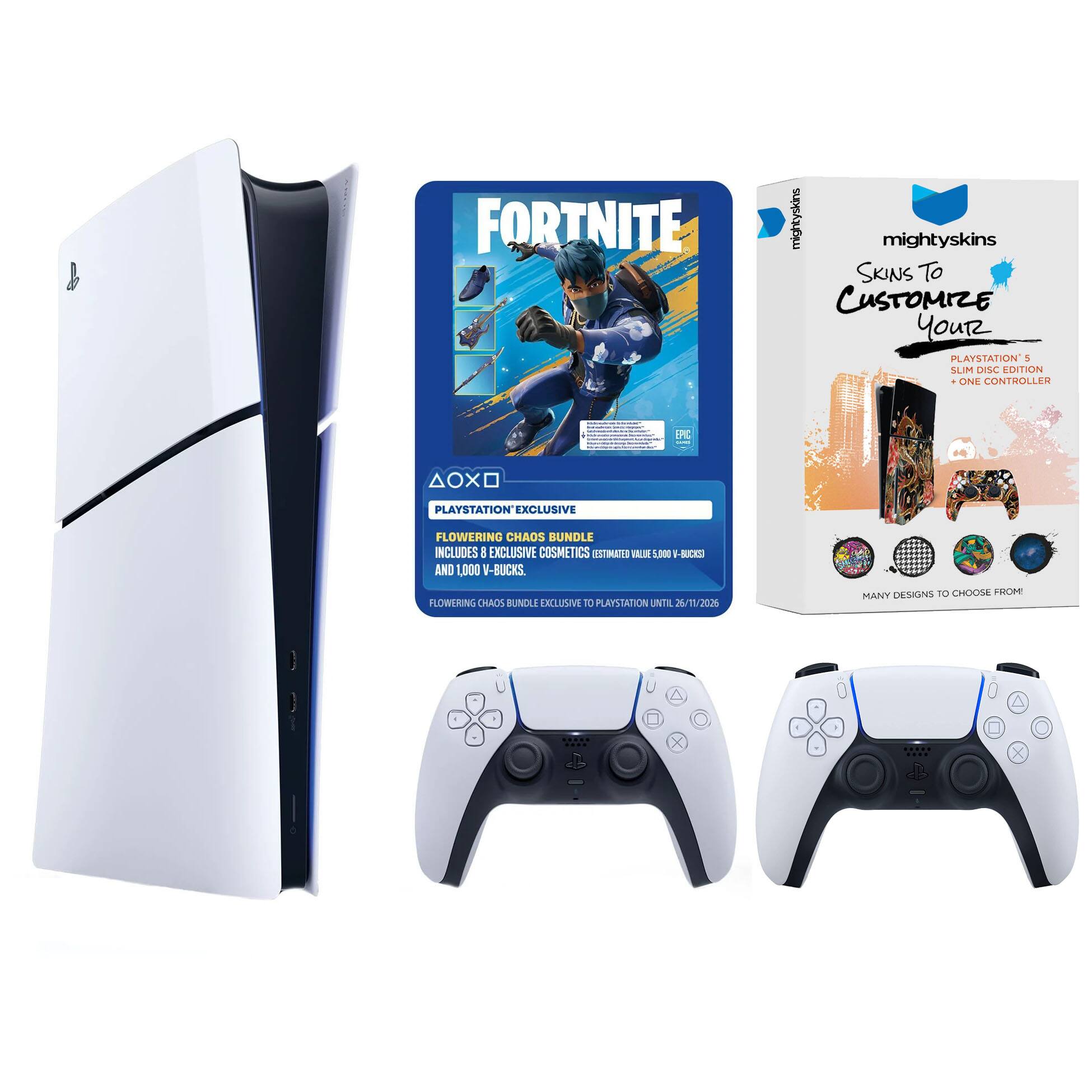 FORTNITE mightyskins SKINS To CUSTOMIZE YOUR PLAYSTATION 5 SLIM DISC EDITION. ONE CONTROLLER. PLAYSTATION EXCLUSIVE FLOWERING CHAOS BUNDLE INCLUDES 8 EXCLUSIVE COSMETICS (ESTIMATED VALUE +8,000 V-BUCKS) AND 1,000 V-BUCKS. FLOWERING CHAOS BUNDLE EXCLUSIVE TO PLAYSTATION UNTIL 26/11/2026. MANY DESIGNS TO CHOOSE FROM.