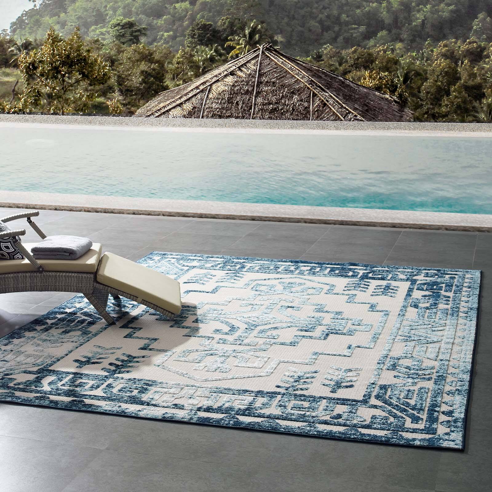 Left. Modway - Reflect Nyssa Distressed Geometric Southwestern Aztec Indoor/Outdoor Area Rug - Ivory and Blue.