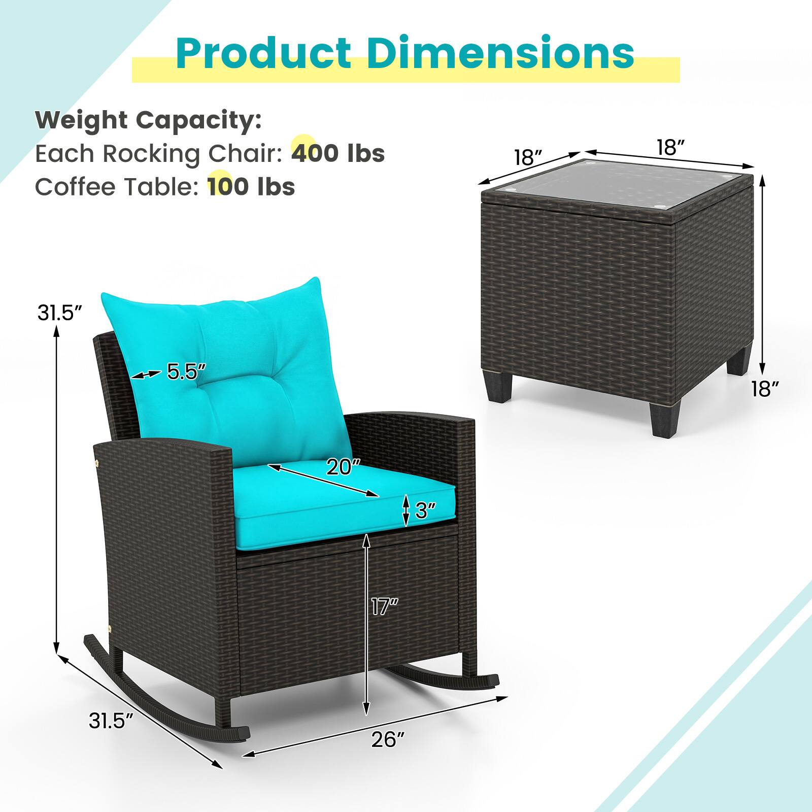 Product Dimensions

Weight Capacity:
Each Rocking Chair: 400 lbs
Coffee Table: 100 lbs

18" x 18" x 18"
31.5" x 5.5" x 20" x 3" x 17" x 31.5" x 26"