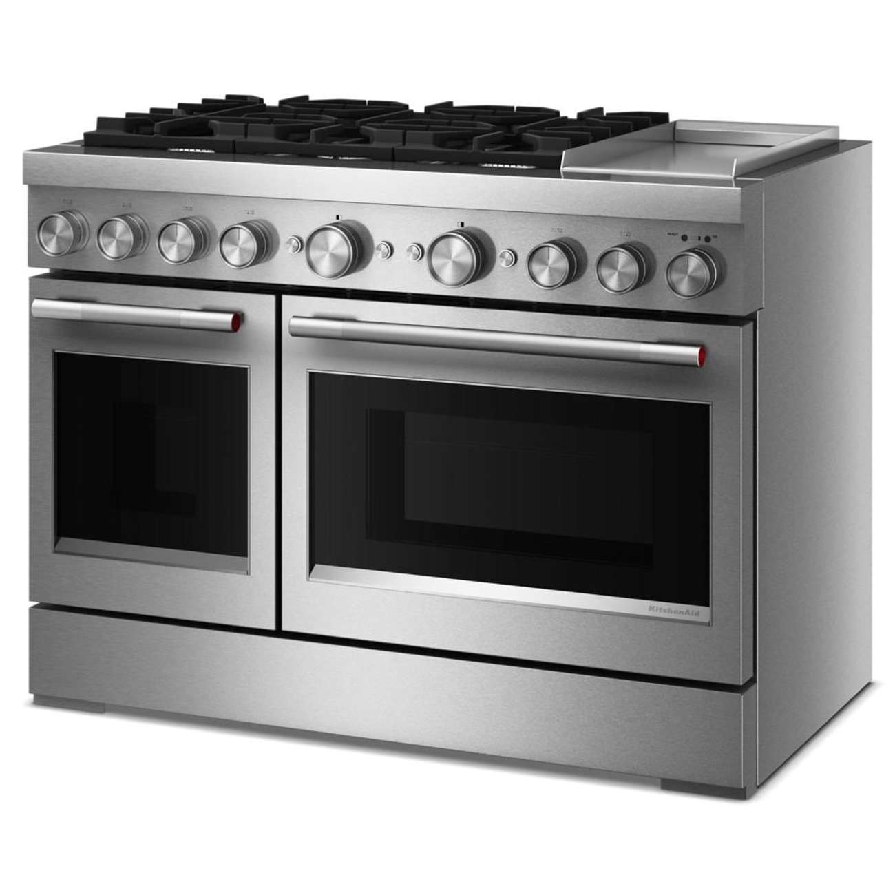 Left. KitchenAid - 48 inch Wide 6 burner 6.3 cu. ft. Freestanding Dual Fuel Range with Griddle and 6 Burners - Stainless Steel.