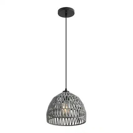Front. Jonathan Y - Campana 10.25" 1-Light Bohemian Modern Woven Rope/Iron LED Pendant, Gray - Gray.