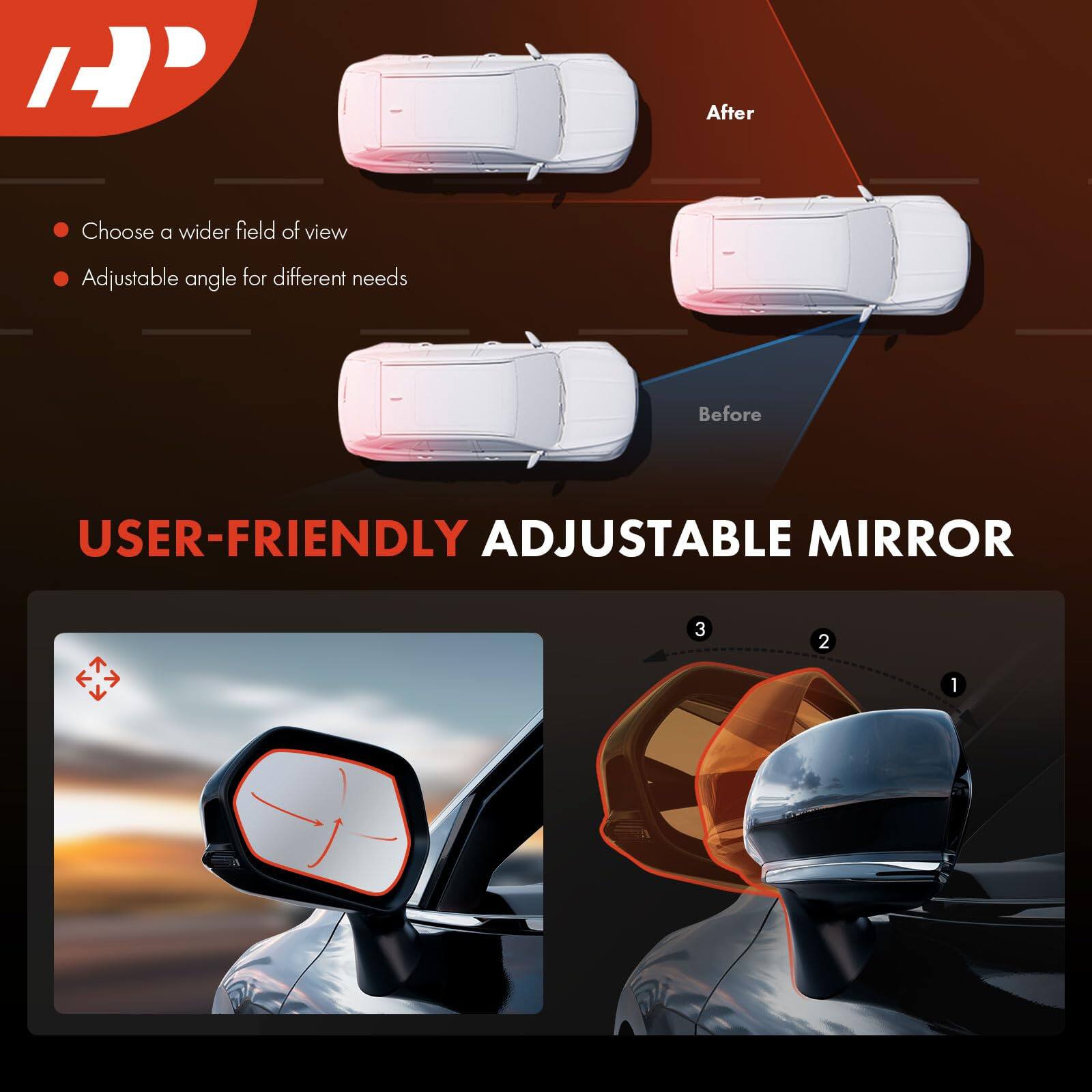 - Choose a wider field of view
- Adjustable angle for different needs

USER-FRIENDLY ADJUSTABLE MIRROR

1. Before
2. After