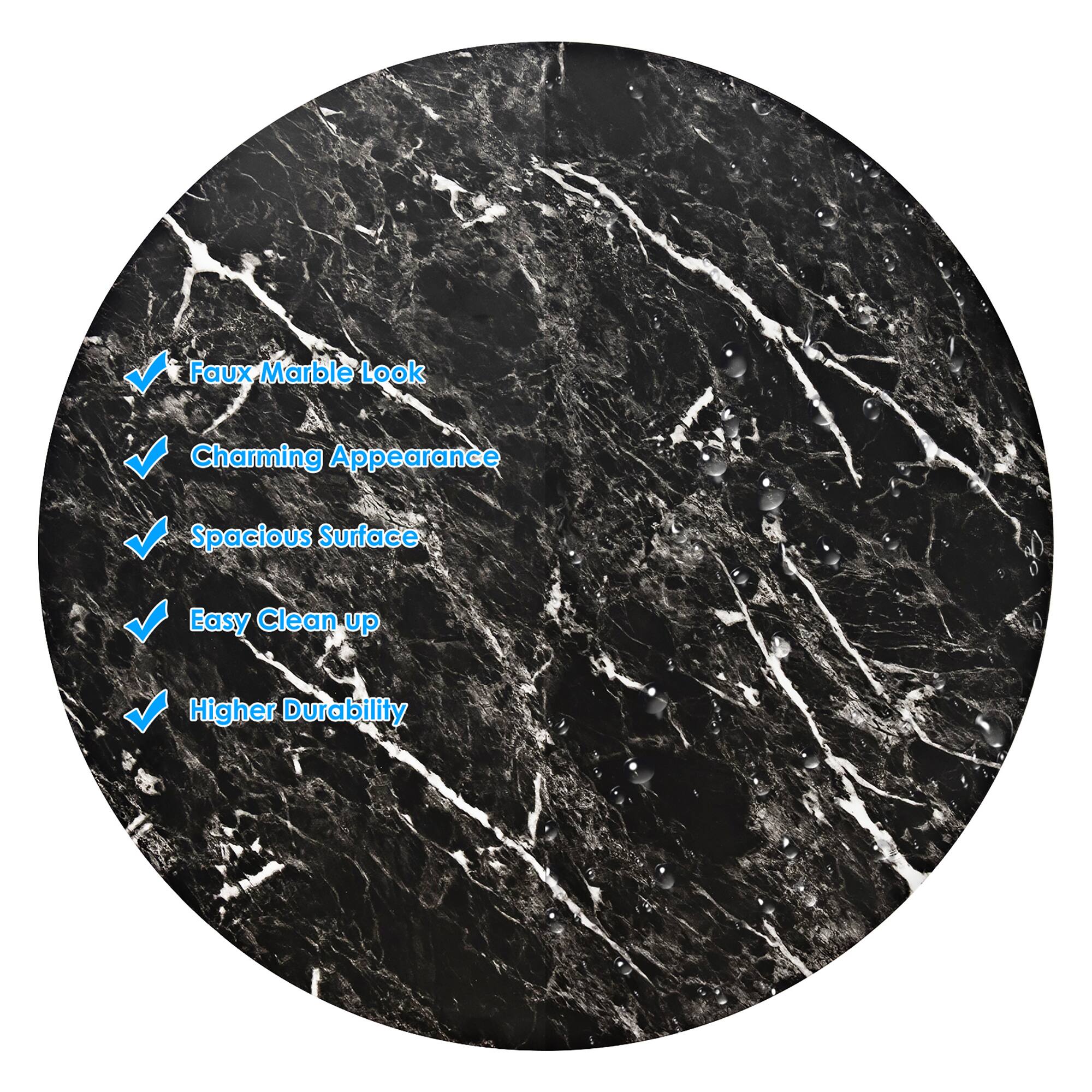 The text on the image reads: "Faux Marble Look Charming Appearance Spacious Surface Easy Clean up Higher Durability."