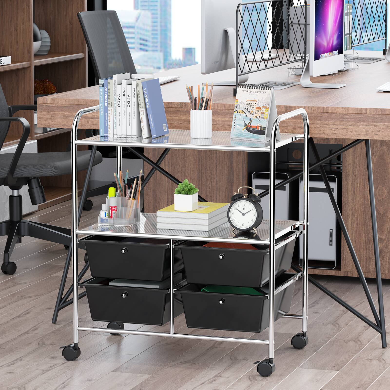 The image features a wooden desk with a metal cart on top of it. The cart is filled with various items, including a clock, a book, and a cup. There are also several books scattered around the desk, and a chair is positioned nearby. The desk appears to be in a home office setting, with a TV mounted on the wall in the background.
