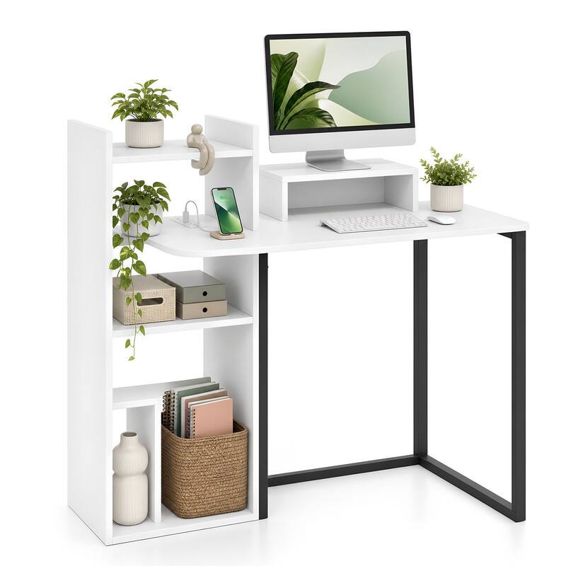Left. WELLFOR - 43.5 in Computer Desk with Storage Shelves &  Charging Station, Wood Home Office Desk for Small Spaces - White.