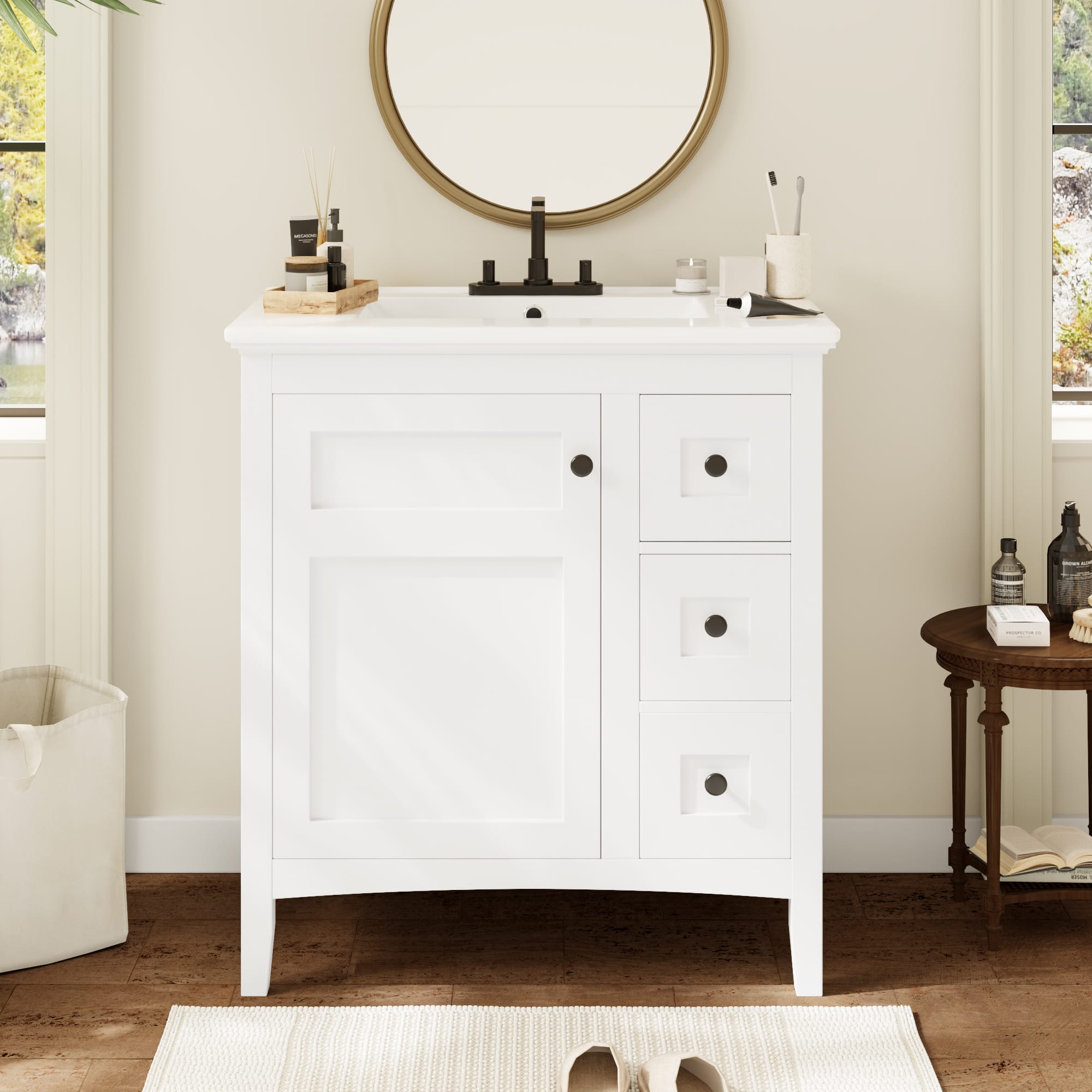 Tiramisubest - 30" Bathroom Vanity with Ceramic Sink, Bathroom with 3 Drawers, Solid Wood Frame Modern Bathroom Storage Cabinet - White