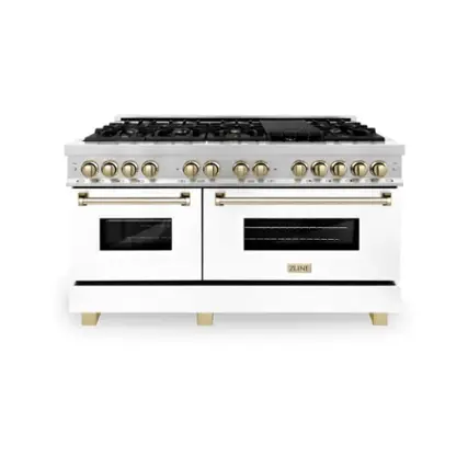 Front. ZLINE - Autograph 60" Legacy Dual Fuel Range w/ 9 Burners & White & Gold Accents (RAZ-WM-60-G) - Multicolor.