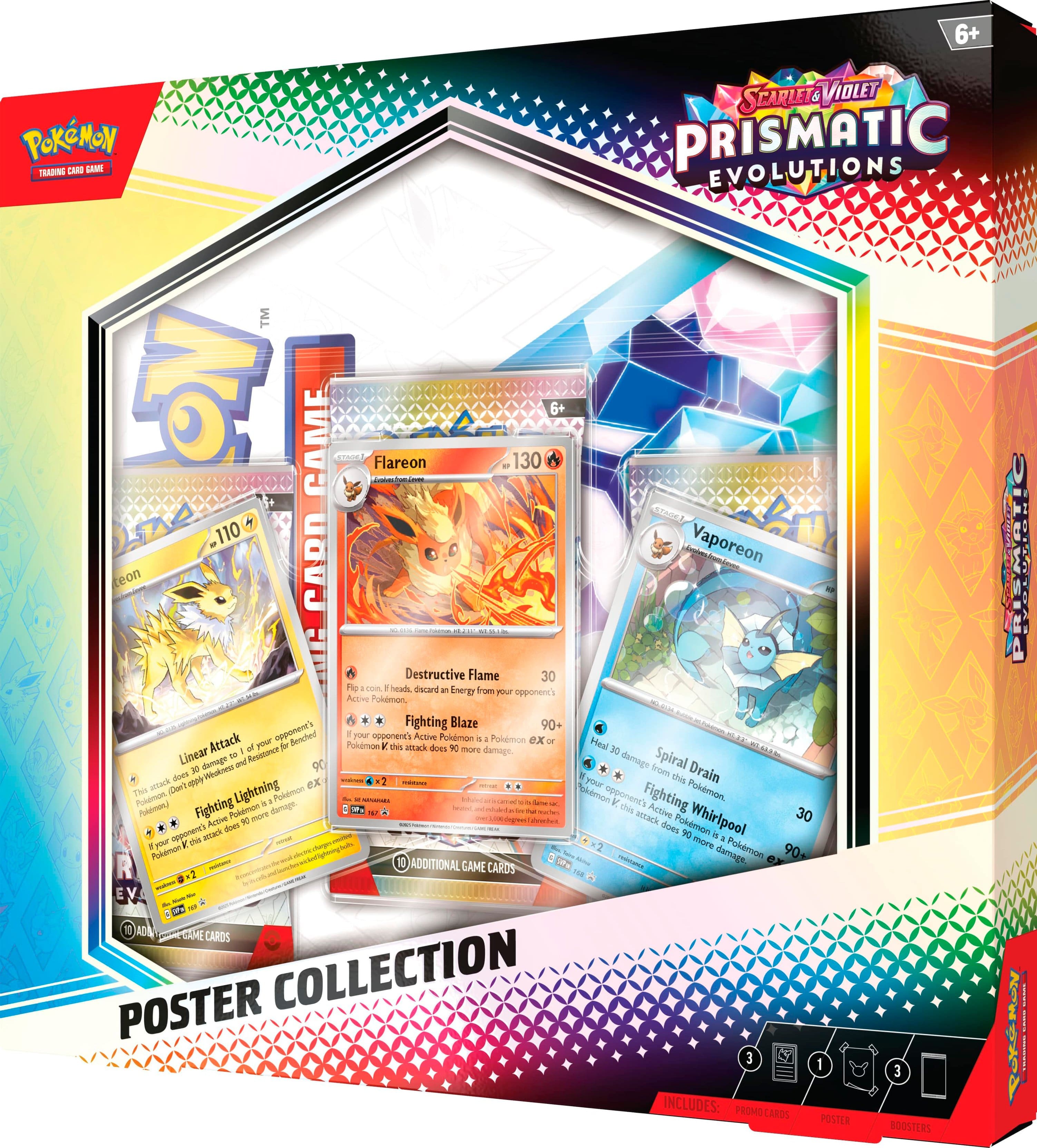 Pokemon Trading Card Game: Prismatic Evolutions Poster Collection includes: 10 Pokemon cards, 1 poster, and 1 additional game card.