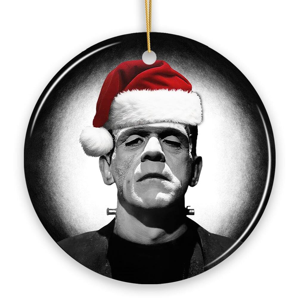 Front. OrnamentallyYou - Retro Frankenstein with Santa Hat Ceramic Ornament Creepy Holiday Gift And Decor - Multi-colored.