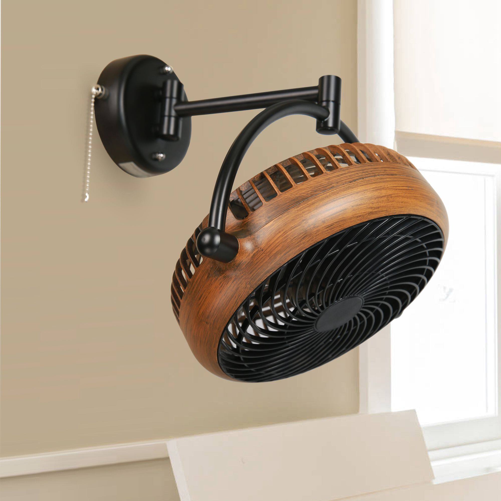 Angle. Parrot Uncle - 10" Industrial Walnut Wall Mount Indoor Fans with Plug in Cord - Walnut.
