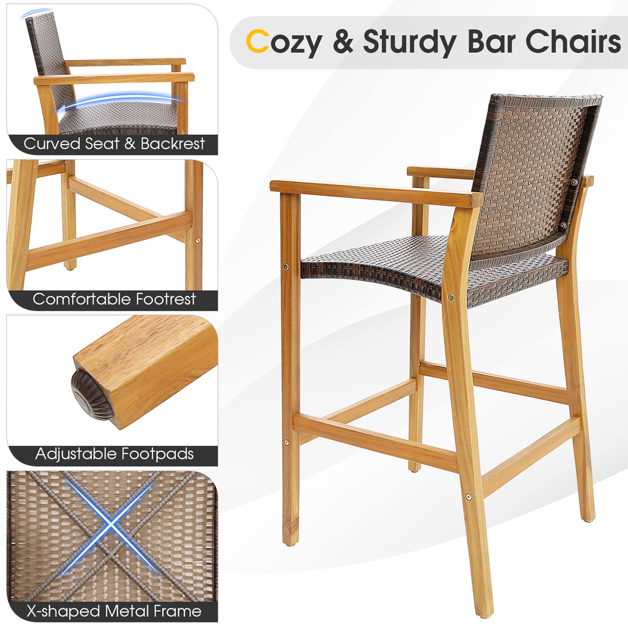 Cozy & Sturdy Bar Chairs
Curved Seat & Backrest
Comfortable Footrest
Adjustable Footpads
X-shaped Metal Frame