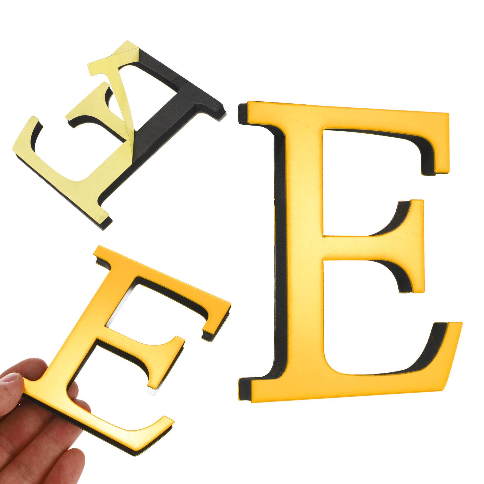 Front. Unique Bargains - 3D Alphabet Mirror Wall Sticker, Acrylic Letter E Self-Adhesive Home Decor for Living Room, Bedroom - Gold.