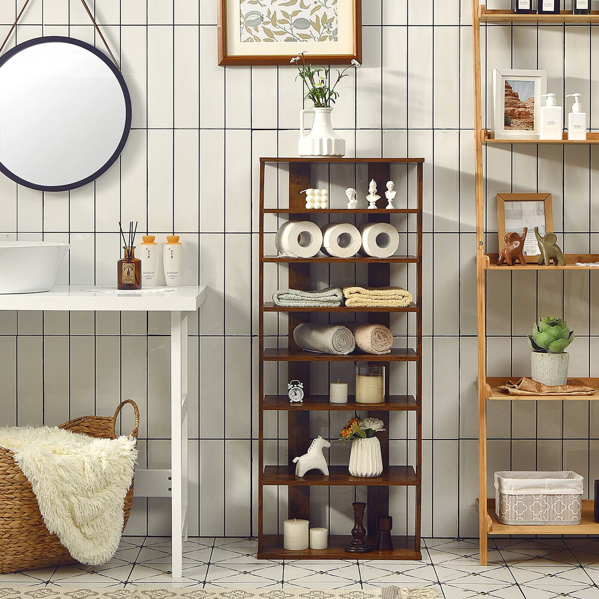 Alt View 4. Gymax - Gymax Patented 7-Tier Double Shoe Rack Free Standing Shelf Storage Tower Rustic Brown - Rustic Brown.