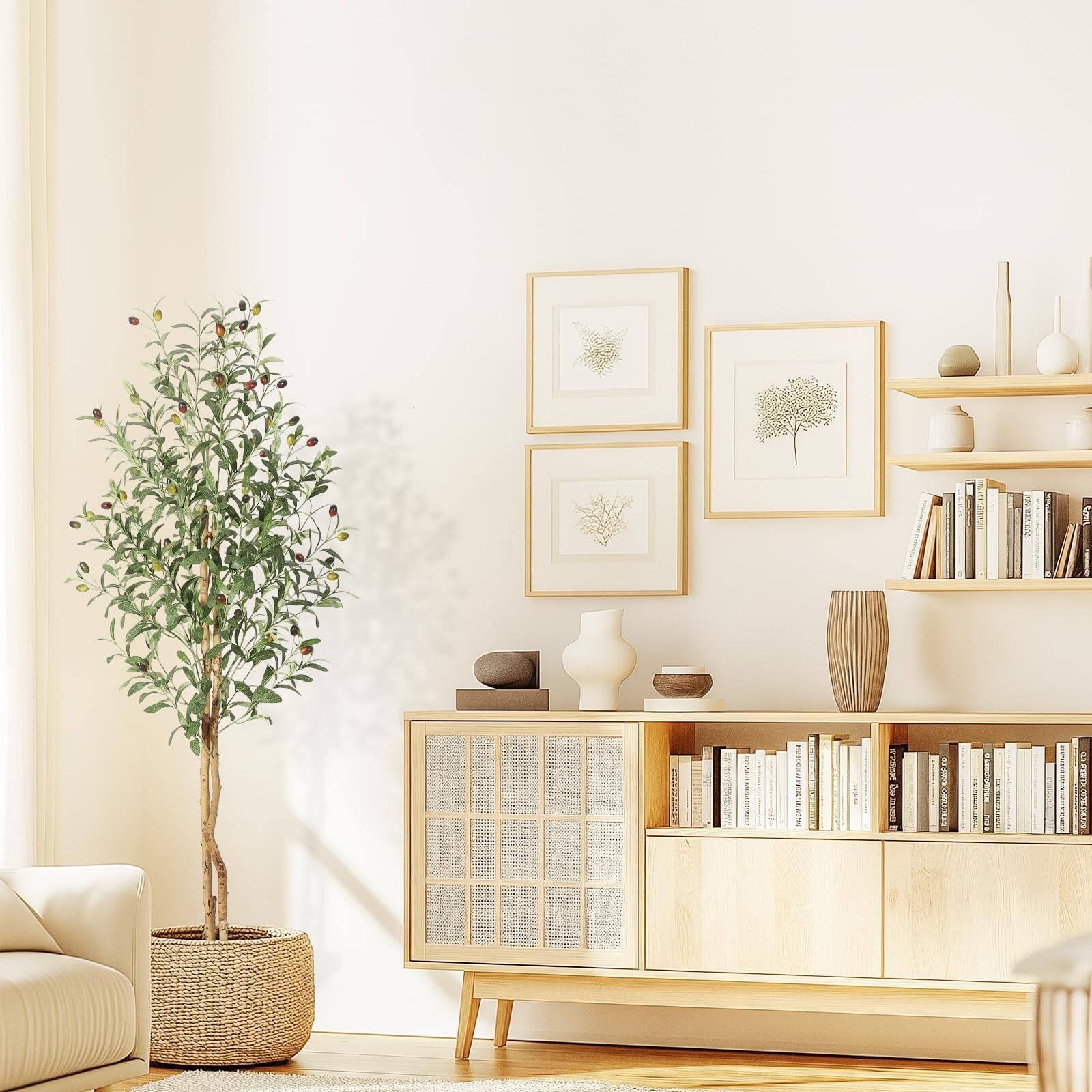 Alt View 2. Homhougo - 5FT Artificial Olive Tree – Silk Leaves, Natural Wood Trunk, White Planter with Green Moss, Indoor Use - Green.