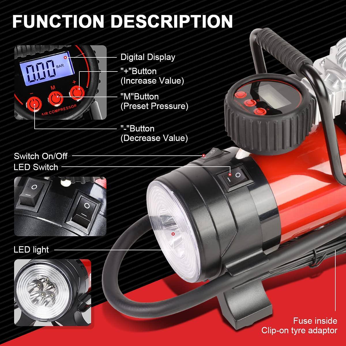 FUNCTION DESCRIPTION

- Digital Display
  - "+" Button (Increase Value)
  - "M" Button (Preset Pressure)
  - "-" Button (Decrease Value)

- Switch On/Off
- LED Switch

- LED light

- Fuse inside
- Clip-on tyre adaptor
