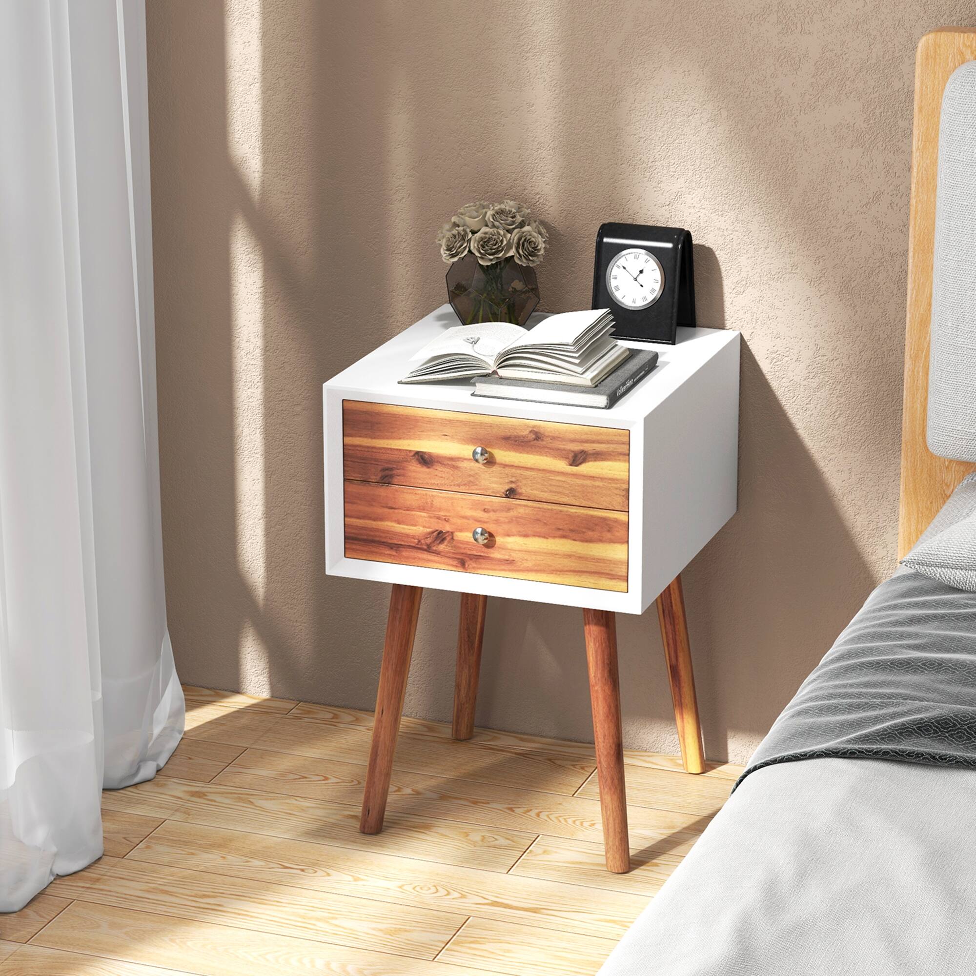 Alt View 2. Gymax - Gymax 2PCS Wooden Nightstand Mid-Century End Side Table W/2 Storage Drawers Brown - White & Brown.