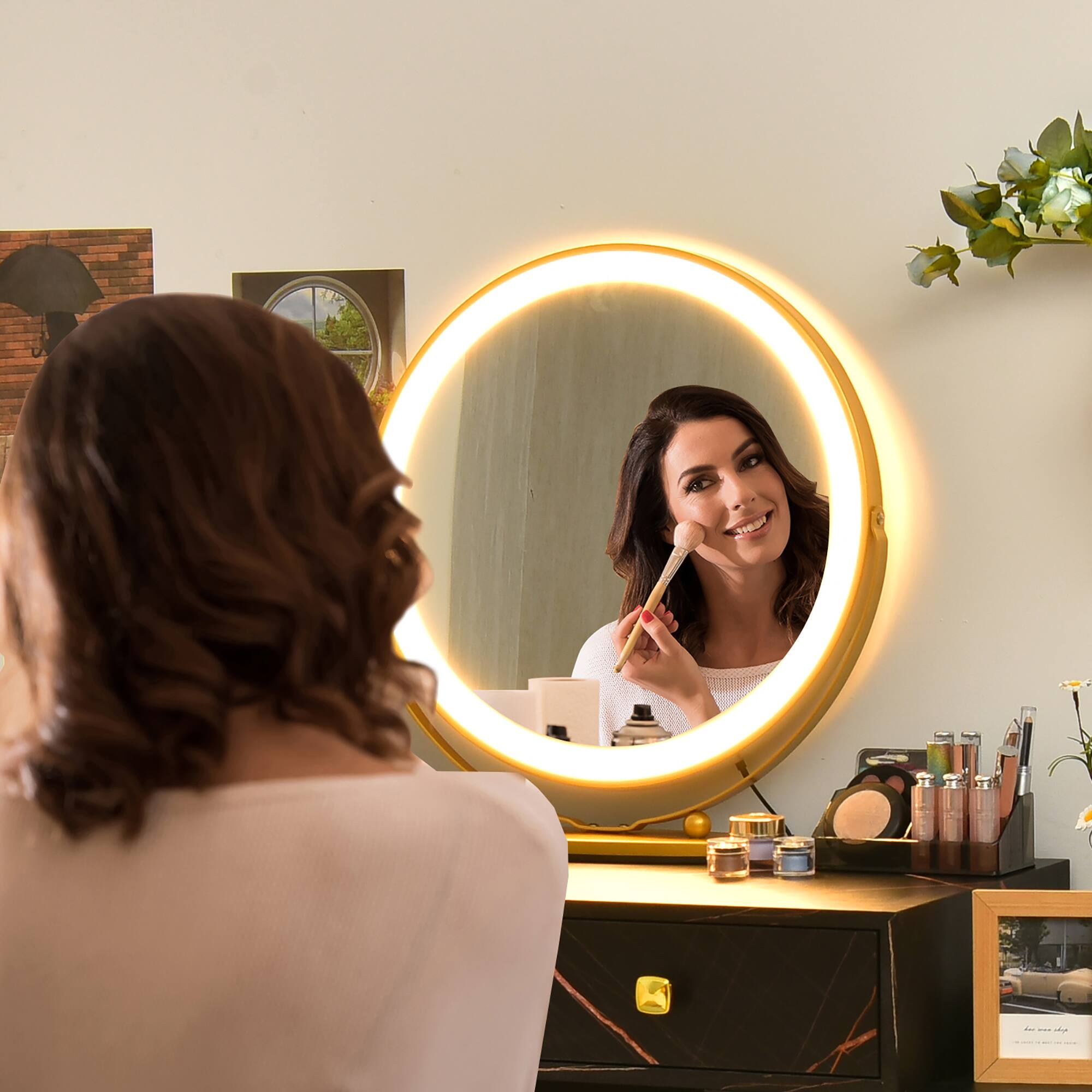 Alt View 10. Costway - Costway Vanity Table Stool Set Dimmer LED Mirror Large Storage Cabinet Drawer - Black.