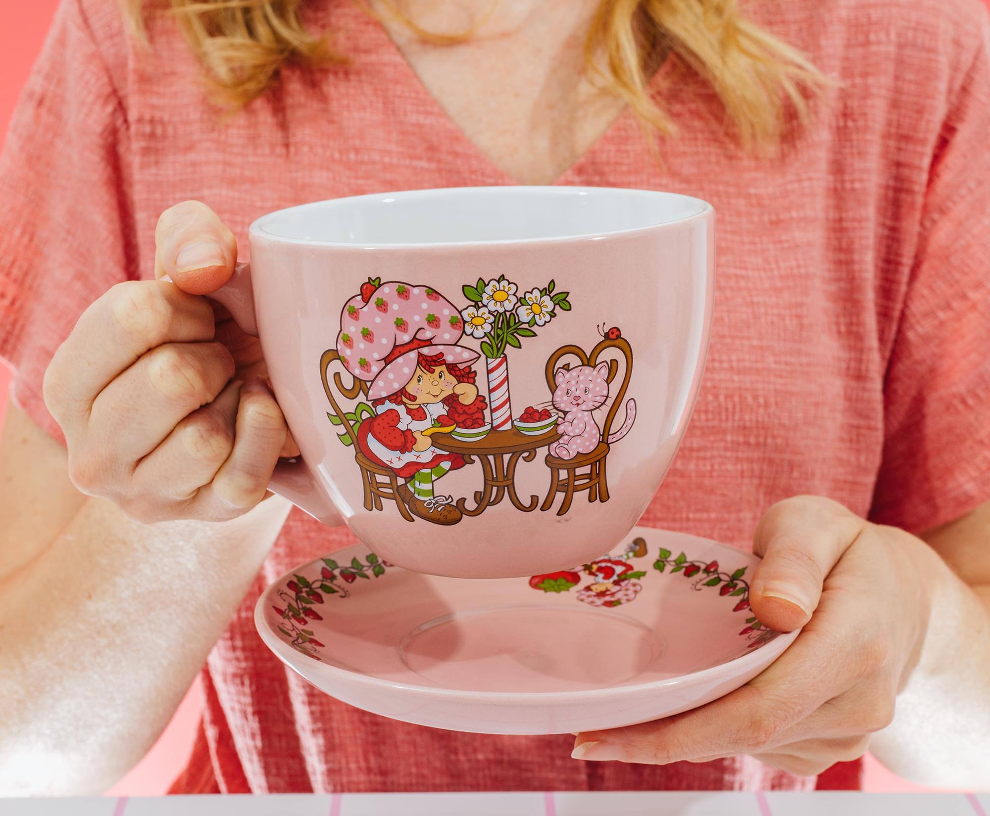 Alt View 2. Silver Buffalo - Strawberry Shortcake Tea Party Ceramic Teacup and Saucer Set | Holds 22 Ounces - Pink.