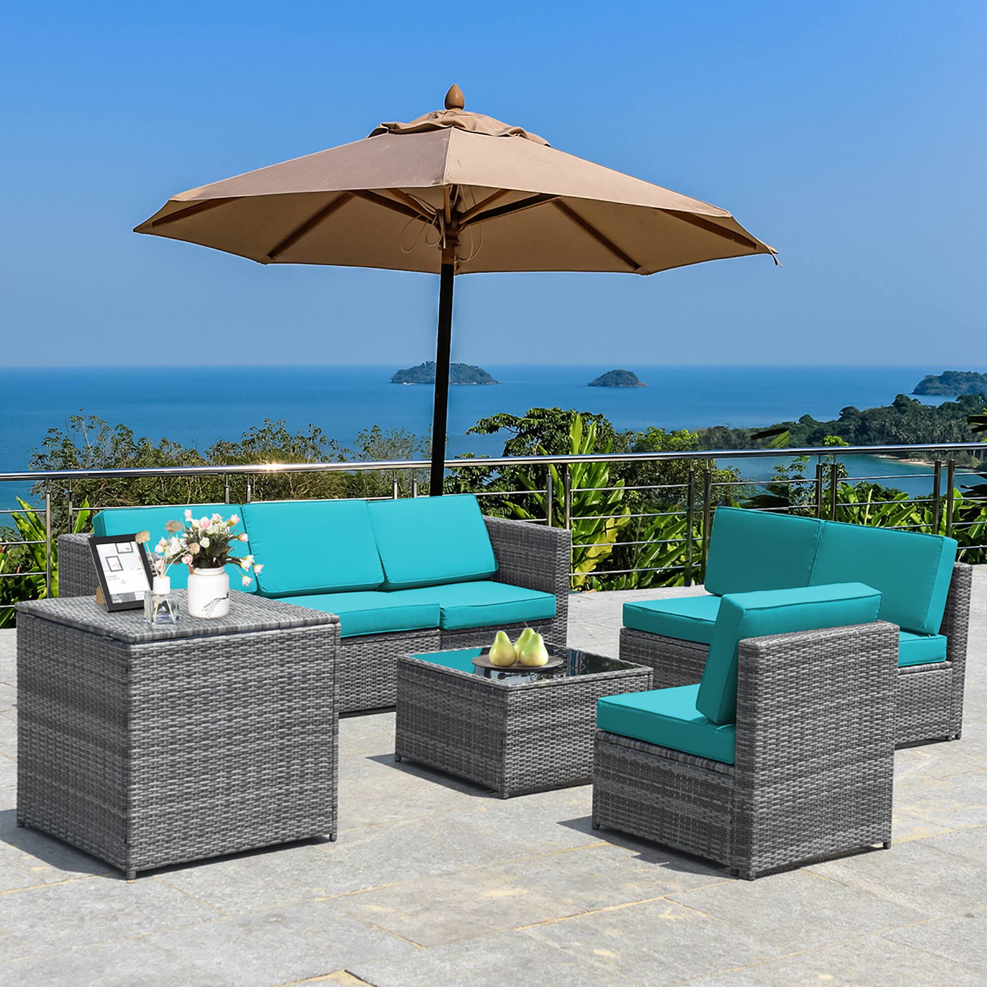 Alt View 4. Costway - 8 PCS Wicker Sofa Rattan Furniture Set Patio Furniture w/ Storage Table - Turquoise.