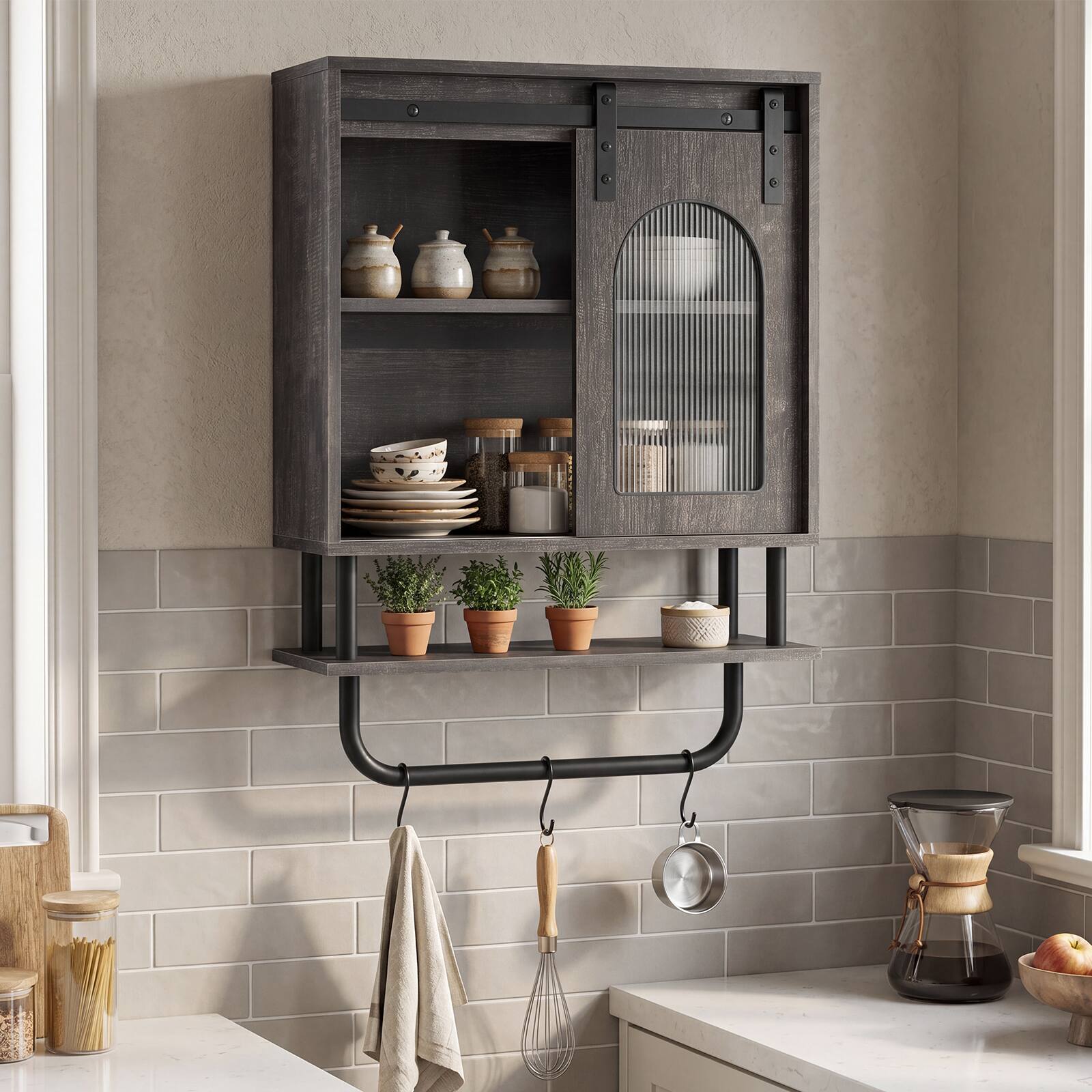 Alt View 1. Costway - Costway Bathroom Wall Cabinet with Sliding Barn Door Metal Hanging Bar 3 Hooks for Kitchen - Black Oak + Black.