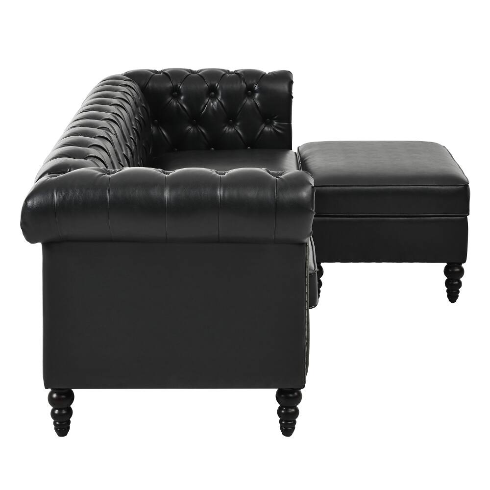 Alt View 6. Loheer - Loheer 85 Inch L-Shaped Sectional Sofa 4-Seater PU Leather Couch with Storage Ottoman - Black.