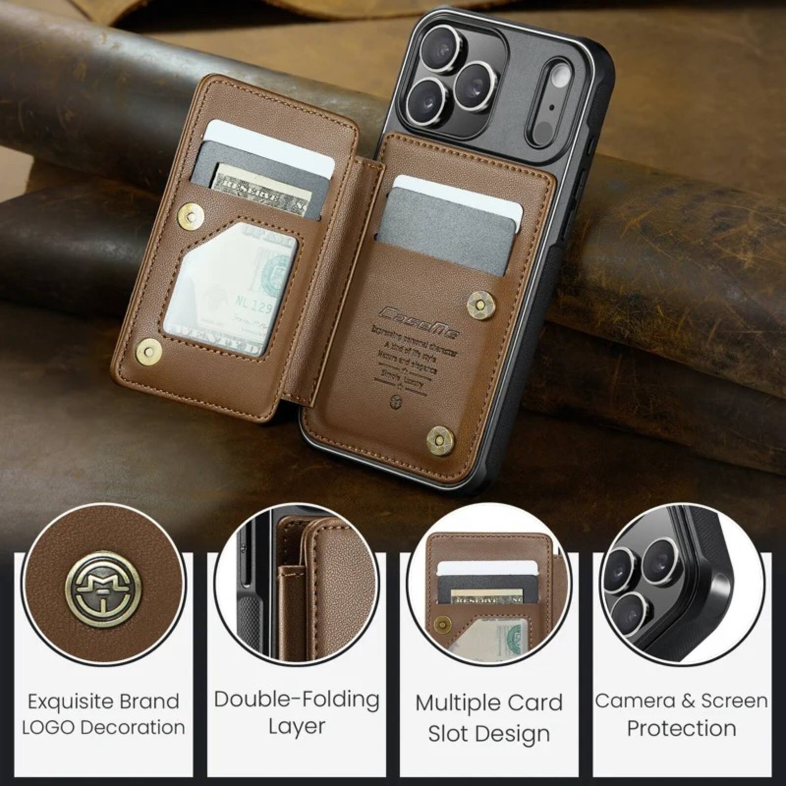 RESERVE  
NL 129 WENTITED  
Casea acturact  
Exquisite Brand Double-Folding Multiple Card Camera & Screen LOGO Decoration Layer Slot Protection Design