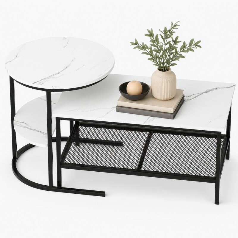 Left. WELLFOR - Coffee Table Set of 2, Rectangle Coffee Table and Side End Table with Storage Shelves, Nesting Center Table - White.