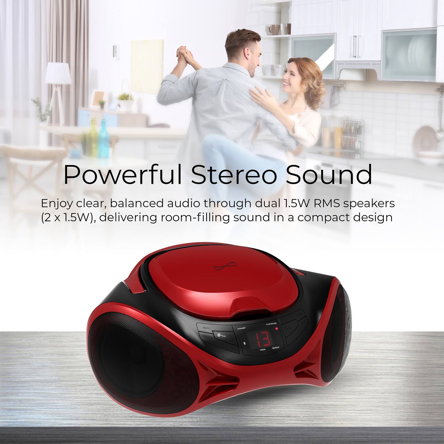 Powerful Stereo Sound  
Enjoy clear, balanced audio through dual 1.5W RMS speakers (2 x 1.5W), delivering room-filling sound in a compact design
