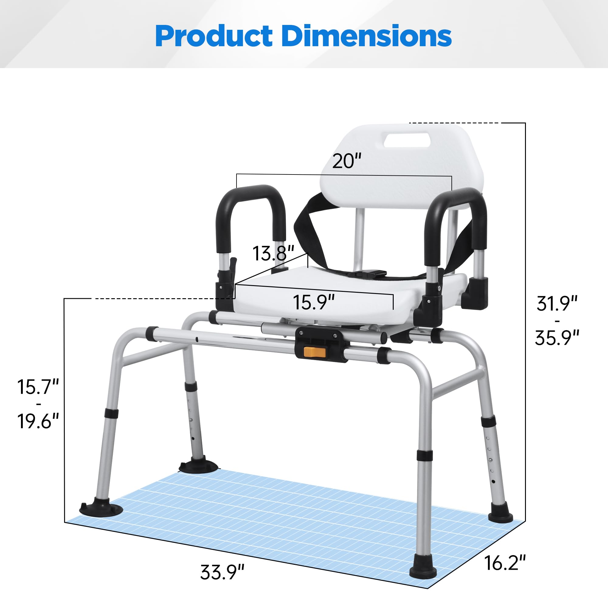 Product Dimensions

- Width: 33.9"
- Depth: 16.2"
- Height: 31.9" - 35.9"
- Seat Height: 15.7" - 19.6"
- Backrest Height: 20"
- Armrest Height: 13.8"
- Seat Depth: 15.9"