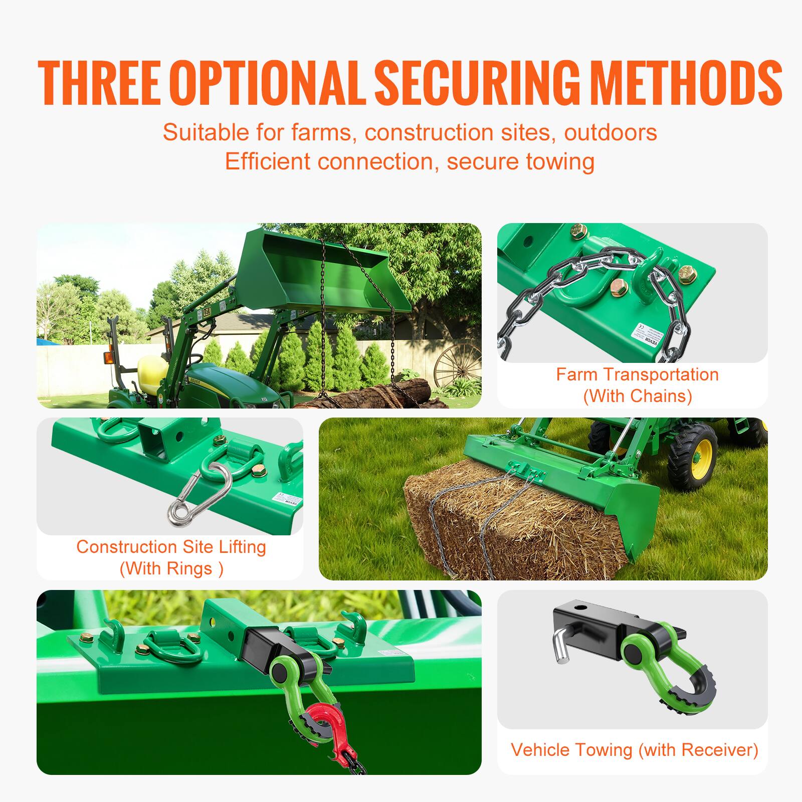 THREE OPTIONAL SECURING METHODS  
Suitable for farms, construction sites, outdoors  
Efficient connection, secure towing  

Farm Transportation (With Chains)  
Construction Site Lifting (With Rings)  
Vehicle Towing (with Receiver)
